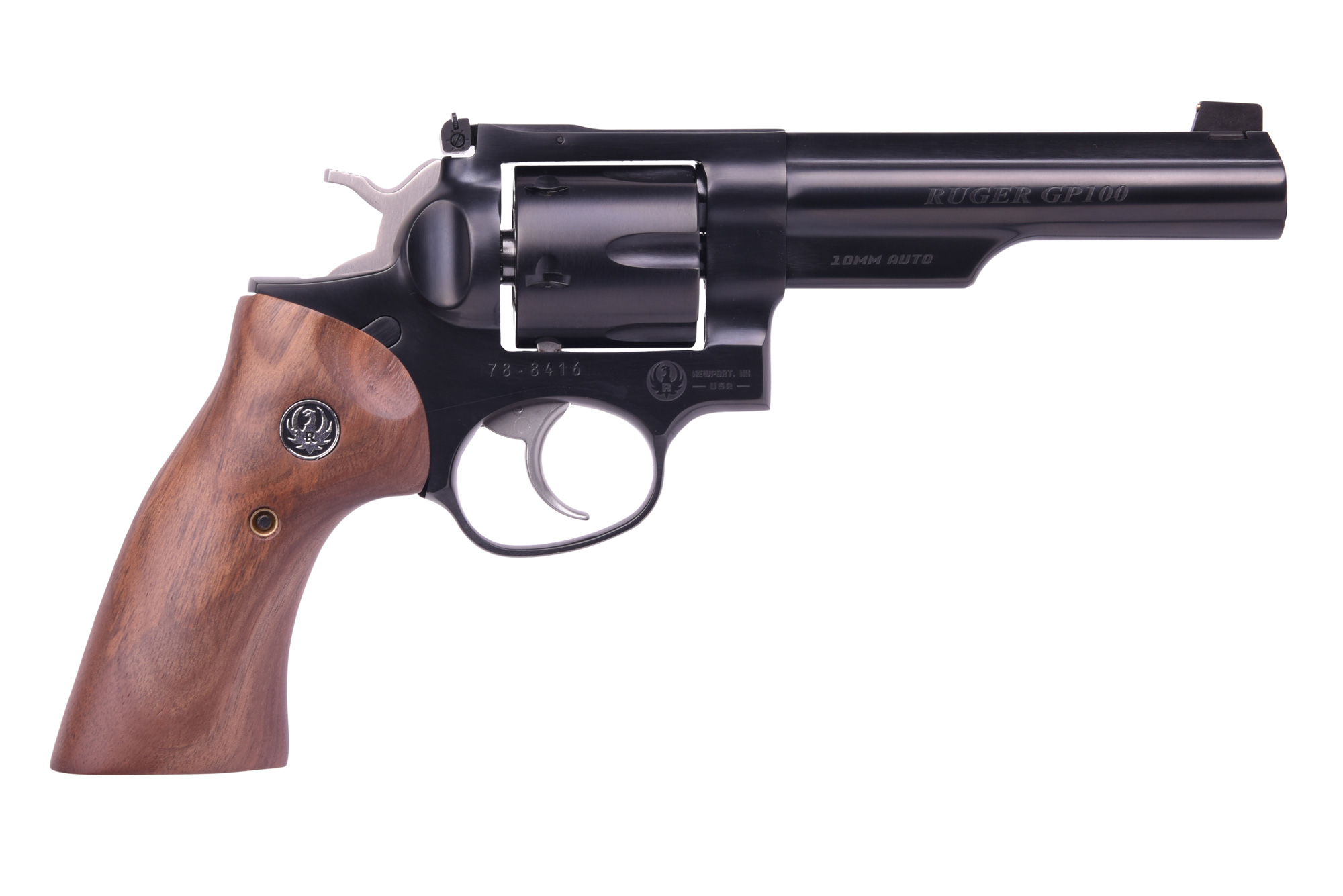 Ruger Gp100 10Mm Blue 5″ Half Lug 1781 Adj Sgts/Walnut Grips 1781