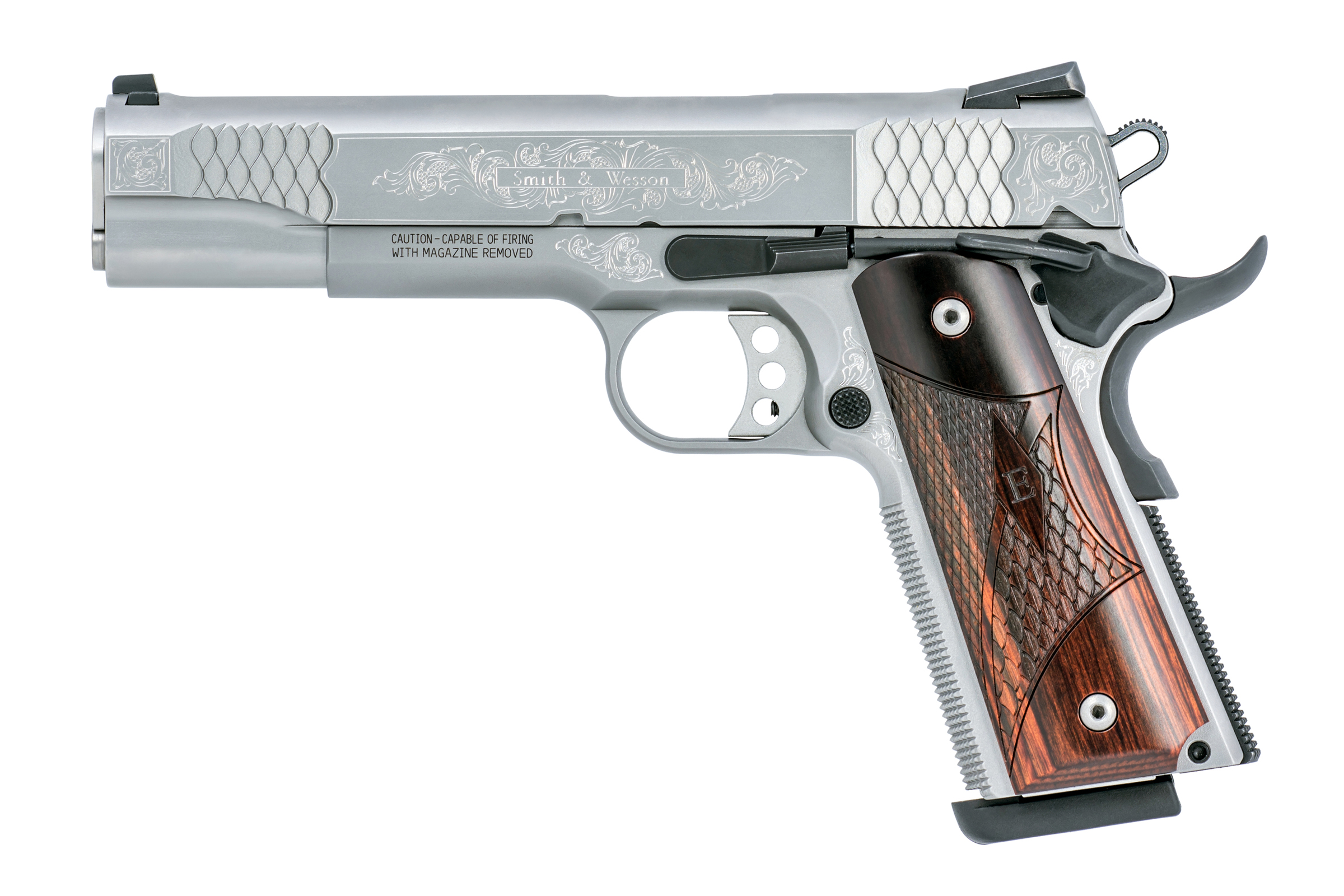 Smith And Wesson Sw1911 45Acp 5″ Ss/Wd Engraved 10270 White Dot Sights Sm10270