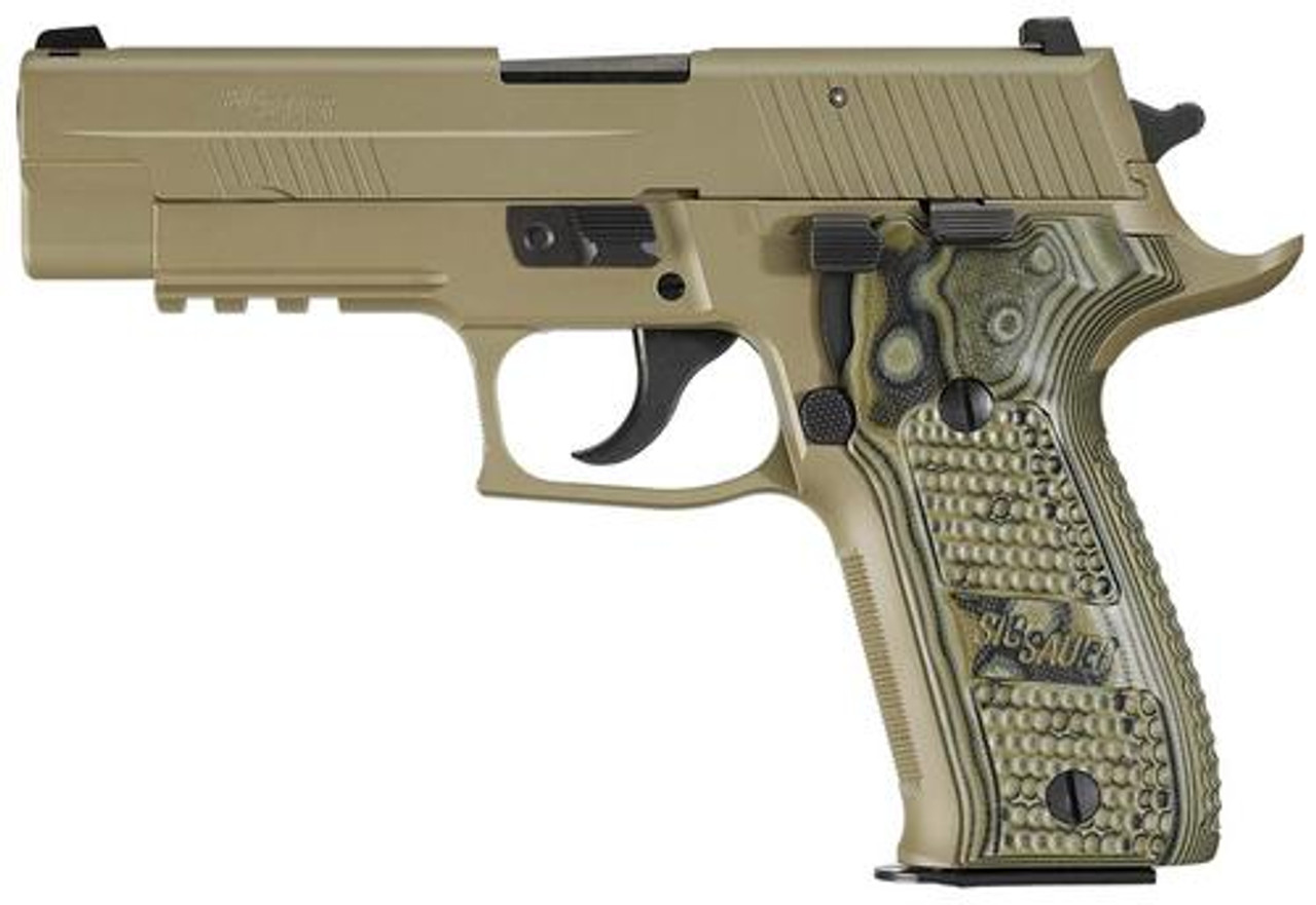 Sig P226 9Mm 4.4In Scorpion Flat Dark Earth Da/Sa Siglite Black/Green G10 Grip (2) 10Rd Steel Mag Ca Compliant Srt